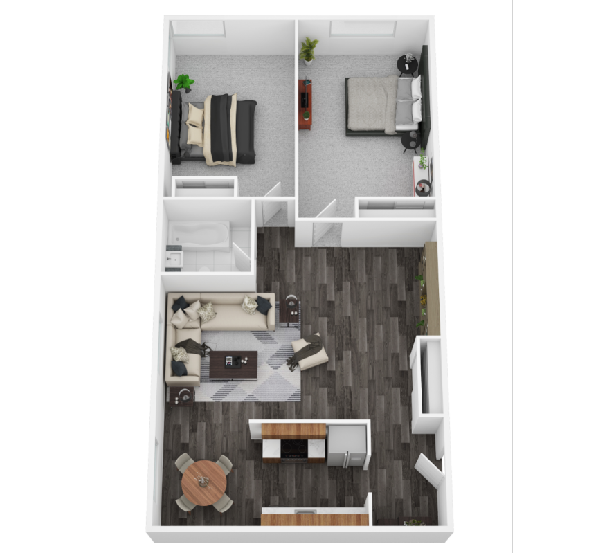 Floor plan for 2 beds, 1 bath, 945 sqft